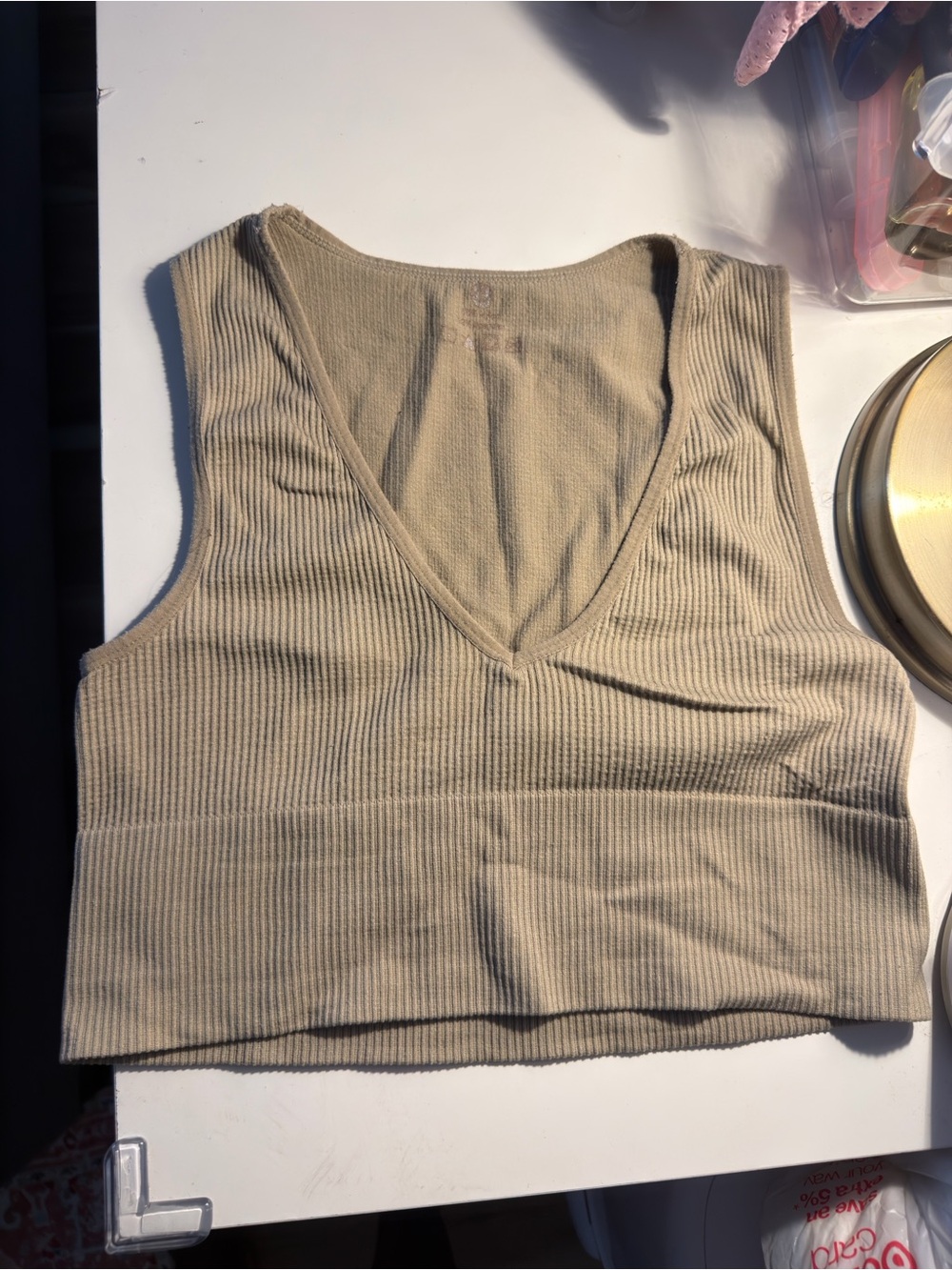 Ribbed V-Neck Cropped Tank Top - Beige
